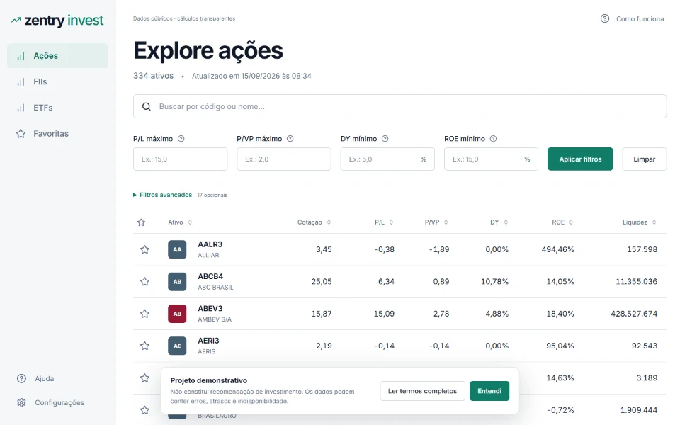 Tela do Zentry Invest com filtros e indicadores de ações brasileiras